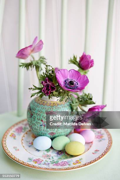 anemone flowers in a vase, an easter still life - easter flowers stock pictures, royalty-free photos & images