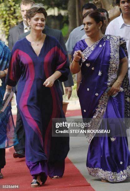 British Prime Minister's wife Cherie Blair with Mahrukh, Principle of the Mother's International School in Delhi, 08 September 2005. The Prime...