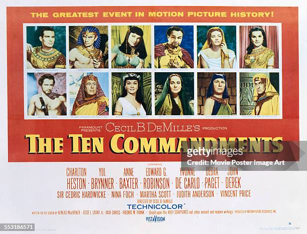 Poster for Cecil B. DeMille's 1956 adventure film 'The Ten Commandments' starring Charlton Heston, Yul Brynner, Anne Baxter, Edward G. Robinson,...