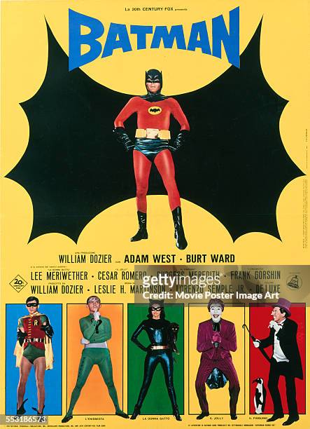 Poster for Leslie H. Martinson's 1966 adventure film 'Batman: The Movie' starring Adam West, Burt Ward, Lee Meriwether, Frank Gorshin, Cesar Romero,...