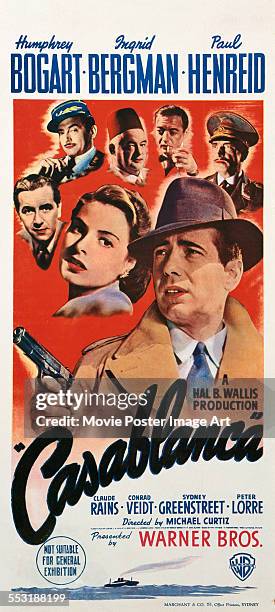 Poster for Michael Curtiz's 1942 drama 'Casablanca' starring Humphrey Bogart, Ingrid Bergman, Claude Rains, Conrad Veidt, Sydney Greenstreet, and...