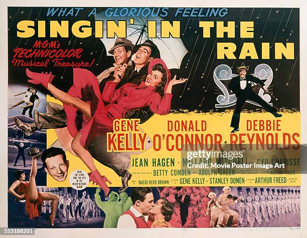 Poster for Stanley Donen and Gene Kelly's 1952 musical 'Singin' in the Rain' starring Gene Kelly, Donald O'Connor, and Debbie Reynolds.