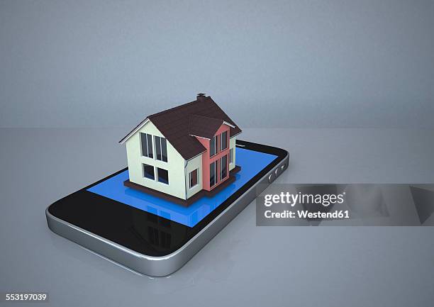 house with smartphone, 3d rendering - digital home stock illustrations