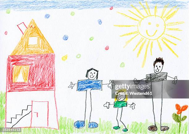 ilustraciones, imágenes clip art, dibujos animados e iconos de stock de children's drawing of happy family and house - niñez