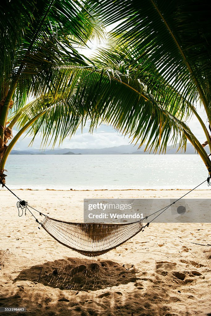 Philippines, Palawan, hammock and palms on a beach near El Nido