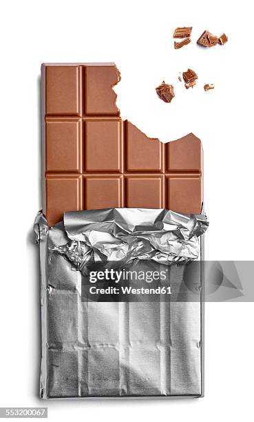 chocolate bar and crumbs on white background - chocolate foil stock pictures, royalty-free photos & images