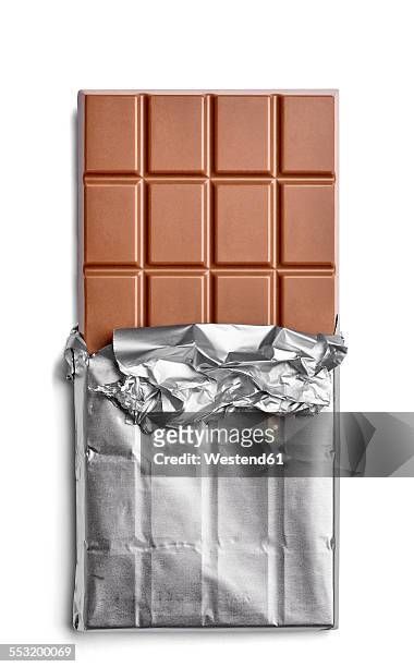 chocolate bar on white background - chocolate foil stock-fotos und bilder