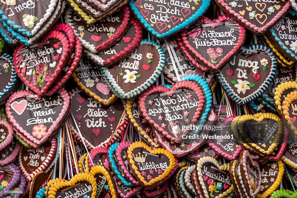 Germany, Bavaria, Munich, gingerbread hearts at the Beer Fest