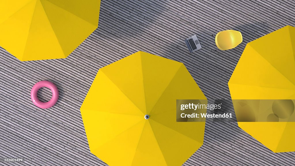 Three yellow sunshades, chair, floating tire and a laptop on wooden terrace, 3D Rendering