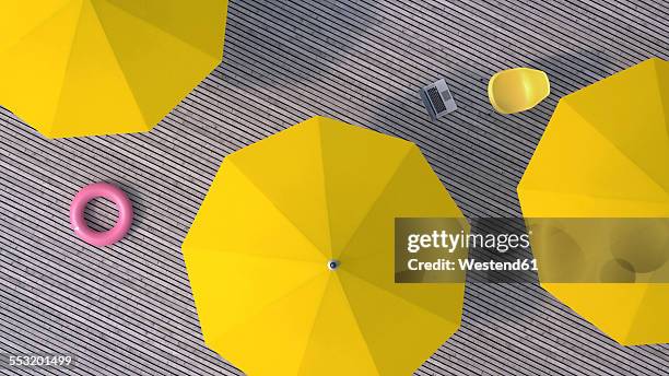 three yellow sunshades, chair, floating tire and a laptop on wooden terrace, 3d rendering - sunshade stock illustrations