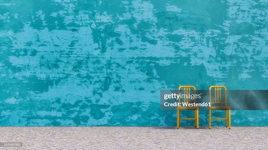 Two yellow chairs standing in front of blue concrete wall, 3D Rendering