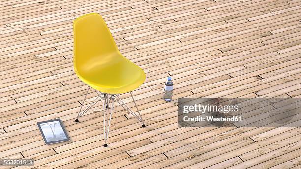 yellow chair, water bottle and digital tablet on wooden terrace, 3d rendering - pet bottle stock illustrations