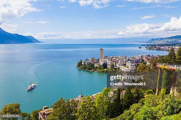 switzerland, lake geneva, montreux, cityscape with paddlesteamer - montreux stock pictures, royalty-free photos & images