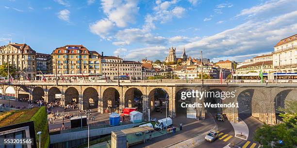 switzerland, lausanne, cityscape with bridge grand-pont and cathedral notre-dame - lausanne cathedral notre dame stock pictures, royalty-free photos & images