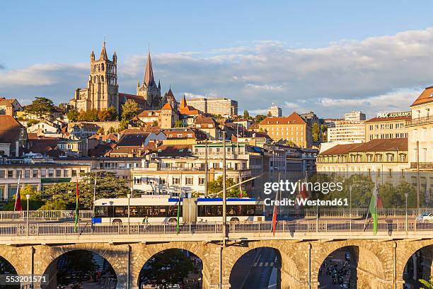 switzerland, lausanne, cityscape with bridge grand-pont and cathedral notre-dame - lausanne cathedral notre dame stock pictures, royalty-free photos & images