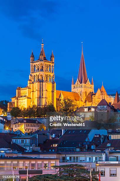 switzerland, lausanne, cathedral notre-dame at dusk - lausanne cathedral notre dame stock pictures, royalty-free photos & images