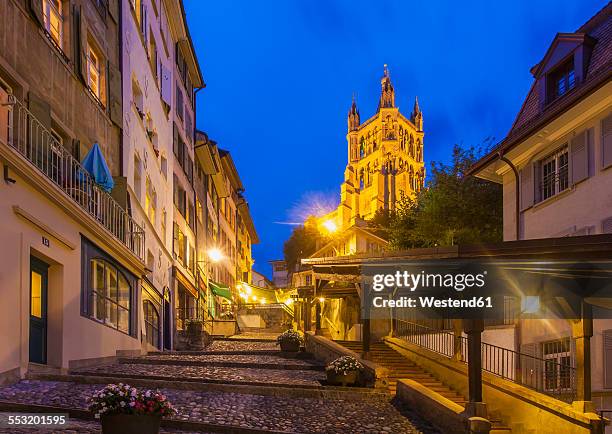 switzerland, lausanne, stairs towards cathedral notre-dame at dusk - lausanne cathedral notre dame stock pictures, royalty-free photos & images