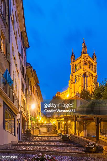 switzerland, lausanne, stairs towards cathedral notre-dame at dusk - lausanne cathedral notre dame stock pictures, royalty-free photos & images