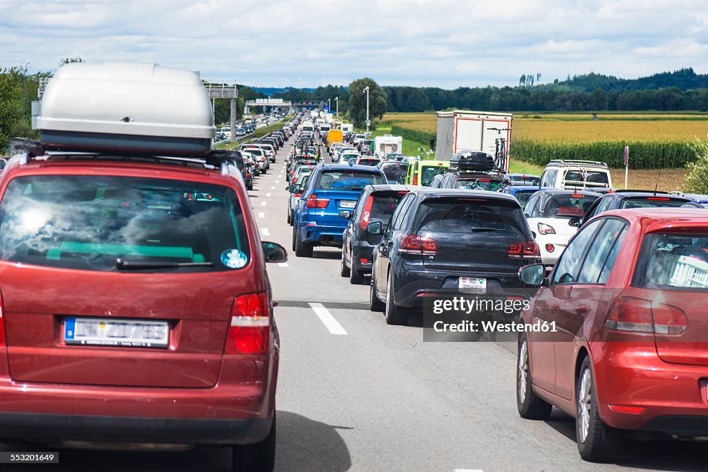 Germany, Bavaria, Traffic jam on A9 highway between Munich and Nuremberg