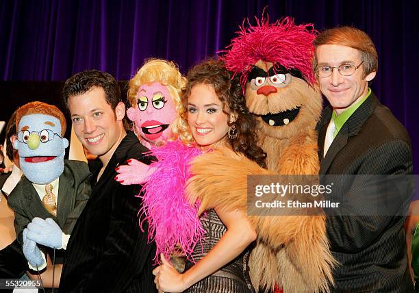 Avenue Q" cast members John Tartaglia, with the character "Rod," Brynn O'Malley with the character "Lucy the Slut," and actor and "Avenue Q" puppet...