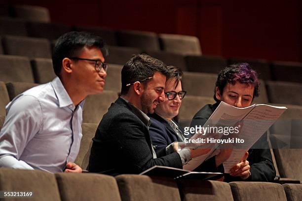 Young Juilliard composers and the conductor Jeffrey Milarsky with the Juilliard Orchestra in rehearsal at Alice Tully Hall on Tuesday morning, April...
