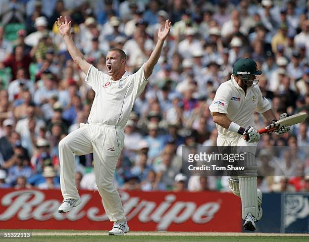 Andrew Flintoff of England appeals unsuccessfully for the wicket of Matthew Hayden of Australia during day two of the Fifth npower Ashes Test match...