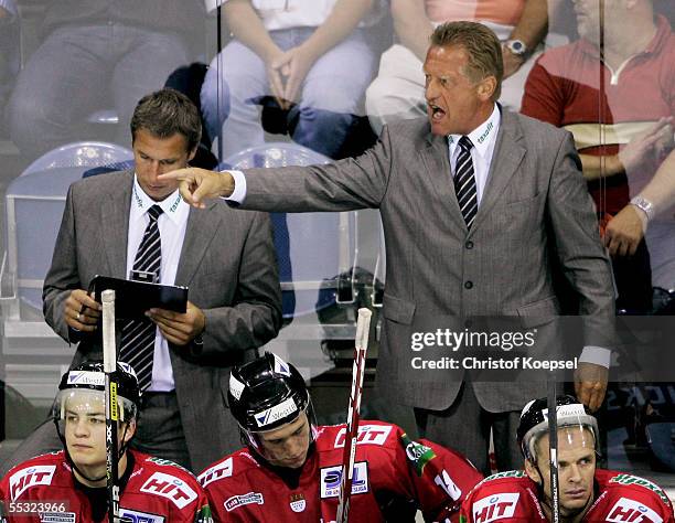 Head coach Hans Zach of the Haie shows during the DEL match between Krefeld Pinguine and Koelner Haie on September 9, 2005 in Krefeld, Germany.