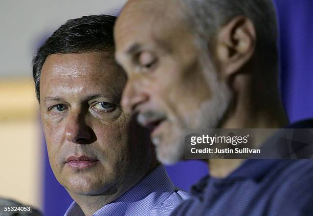 Chief Michael Brown looks on as Homeland Security Secretary Michael Chertoff speaks during a press conference September 9, 2005 in Baton Rouge,...