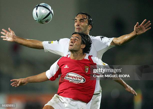 Victoria SC's Flavio Sousa vies with Sporting Braga's Brazilian Sidney Moraes during their Portuguese Super League football match at Afonso Henriques...
