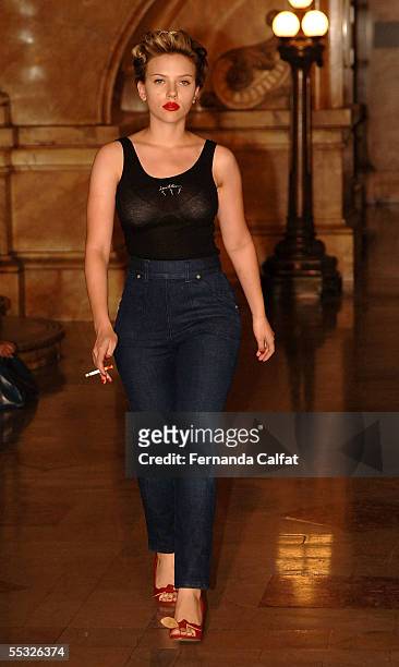Actress Scarlett Johansson walks the runway at the Imitation of Christ Spring 2006 fashion show during Olympus Fashion Week at Surrogate's Court...