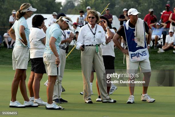 European team member Annika Sorenstam of Sweden has an animated discussion with LPGA rules official Barb Trammell after the match referee Kendra...