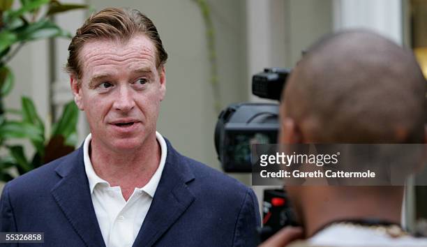 James Hewitt is interviewed at the celebrity golf photocall as part of The Mean Fomhair at Wentworth Golf Club on September 9, 2005 in Surrey,...