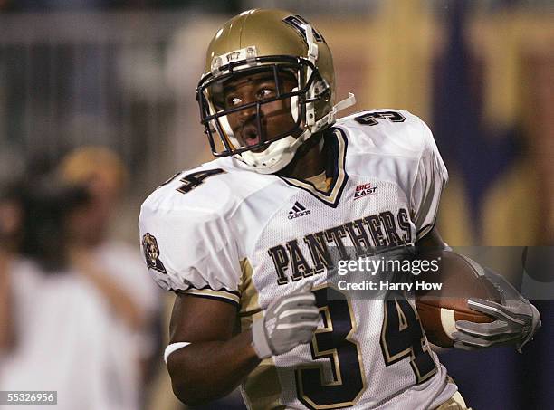 Running back LaRod Stephens-Howling of Pittsburgh Panthers reacts to his touchdown off the opening kickoff against the Ohio Bobcats during the first...