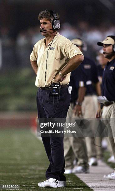 Head coach Dave Wannstedt of the Pittsburgh Panthers watches his team play against the Ohio Bobcats during the fourth quarter at Peden Stadium on...