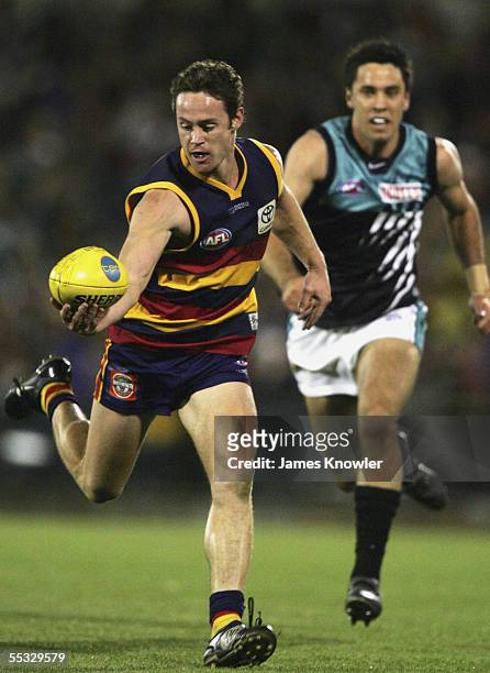 Robert Shirley of the Crows and Troy Chaplin of Port in action during the AFL semi final match between Adelaide Crows and Port Adelaide Power at AAMI...