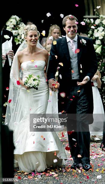 Tom Parker Bowles and his new wife Sara leave their ceremony in St. Nicholas Church, Henley-on-Thames on September 10, 2005 in Oxfordshire, England.