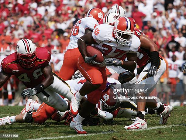 Reggie Merriweather of the Clemson Tigers steps into the endzone for a first quarter touchdown on fourth down on the one yard line against the...