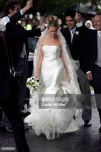 Sara Buys arrives at her wedding to The Duchess of Cornwall's son, Tom Parker Bowles, at St. Nicholas Church, Henley-on-Thames on September 10, 2005...