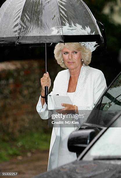 Camilla, Duchess of Cornwall arriving for the wedding of her son, Tom Parker Bowles, to magazine executive Sara Buys at St. Nicholas Church,...