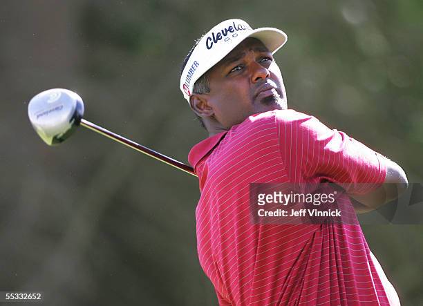 Vijay Singh of Fiji watches his drive during the third round of the Bell Canadian Open on September 10, 2005 in Vancouver, British Columbia.