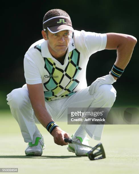 Jesper Parnevik of Sweden lines up a putt during the third round of the Bell Canadian Open on September 10, 2005 in Vancouver, British Columbia.