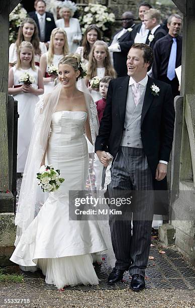 Tom Parker Bowles and his new wife Sara leave their ceremony in St. Nicholas Church, Henley-on-Thames on September 10, 2005 in Oxfordshire, England.