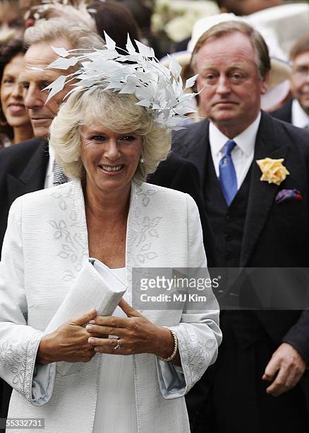Camilla, Duchess of Cornwall and Andrew Parker-Bowles are seen at the wedding of their son, Tom Parker-Bowles to Sara Buys, after their marriage held...