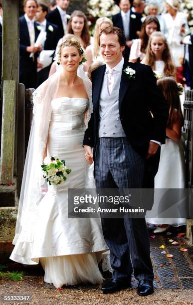 Tom Parker-Bowles and his new wife Sara leave St. Nicholas's Church after their wedding ceremony on September 10, 2005 in Henley-on-Thames, England.