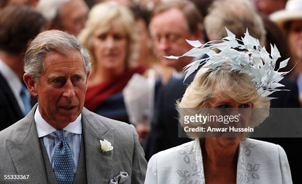Prince Charles, Prince of Wales and Camilla, Duchess of Cornwall, leave the wedding of Tom Parker-Bowles to Sara Buys on September 10, 2005 in...