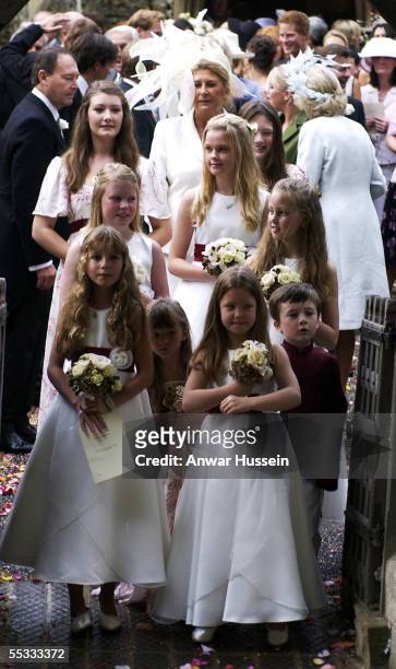 The bridesmaids arrive for the wedding of Tom Parker-Bowles, son of Camilla, Duchess of Cornwall, to Sara Buys at St. Nicholas's Church on September...