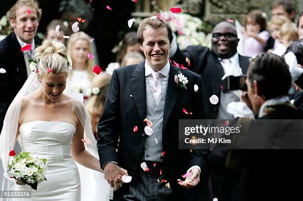 Tom Parker Bowles and his new wife Sara leave their ceremony in St. Nicholas Church, Henley-on-Thames on September 10, 2005 in Oxfordshire, England.