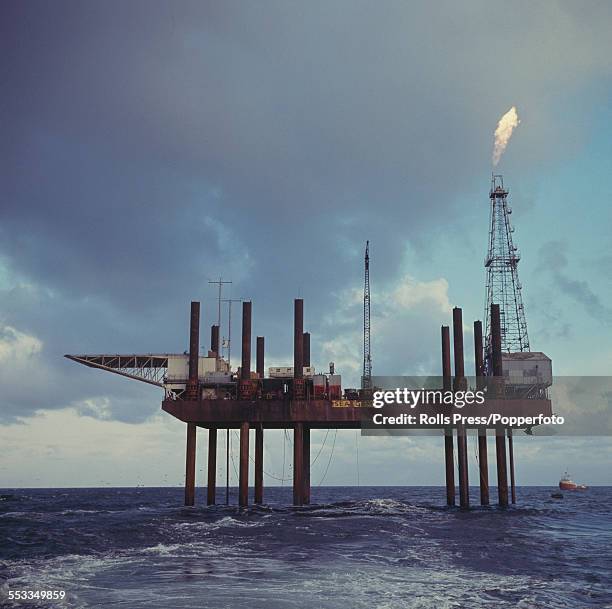 View of Sea Gem, Britain's first offshore oil rig, owned by British Petroleum and located in the North Sea off the Lincolnshire coast in 1965. On...