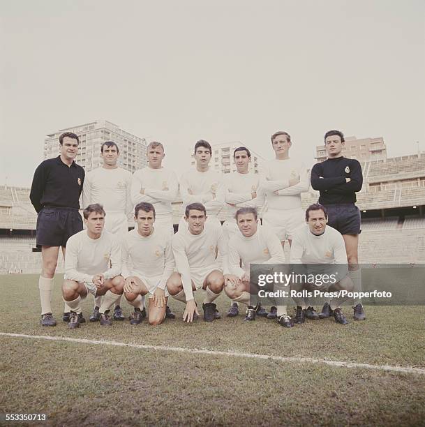 Real Madrid football team pictured together circa 1965. Back row from left to right: Antonio Betancort, Vincente Miera, Jose Santamaria, Manuel...