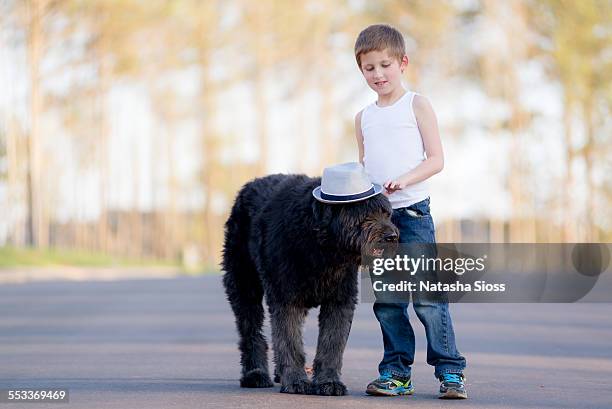 a boy and his dog - bouvier des flandres ストックフォトと画像